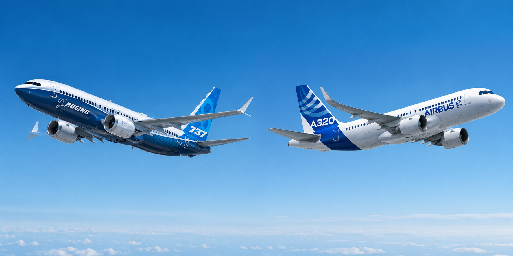 Boeing 737 and Airbus A320 flying above the clouds