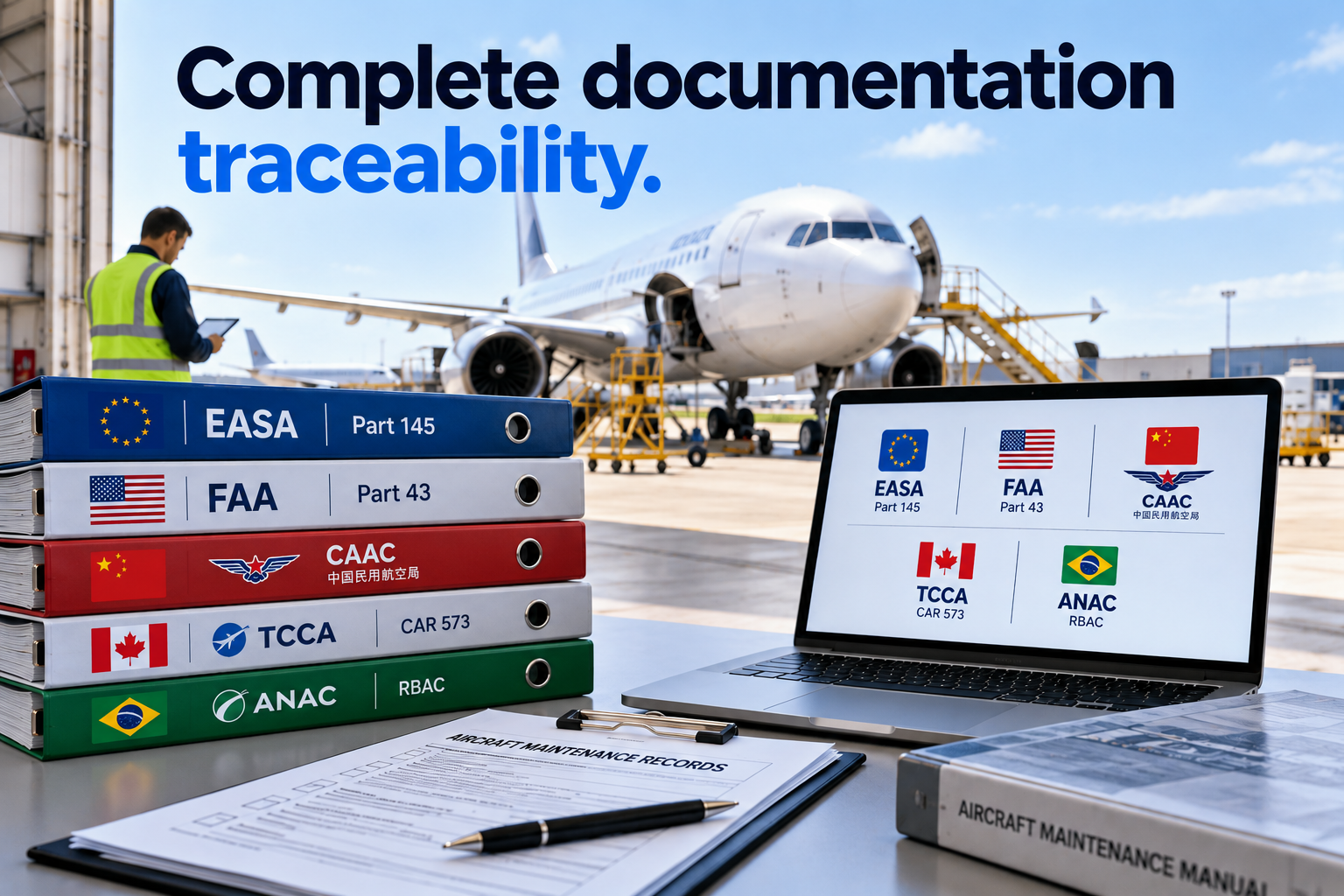 Complete documentation and traceability: aviation records, compliance binders and a commercial aircraft